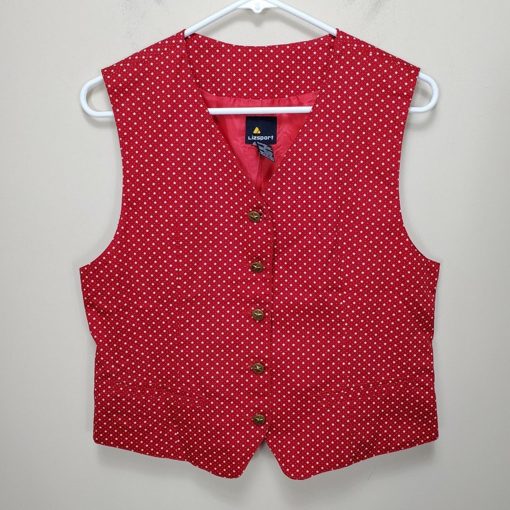 Vintage LIZ SPORT Ladies RED white Star Vest Size 4 Button Front back tightener